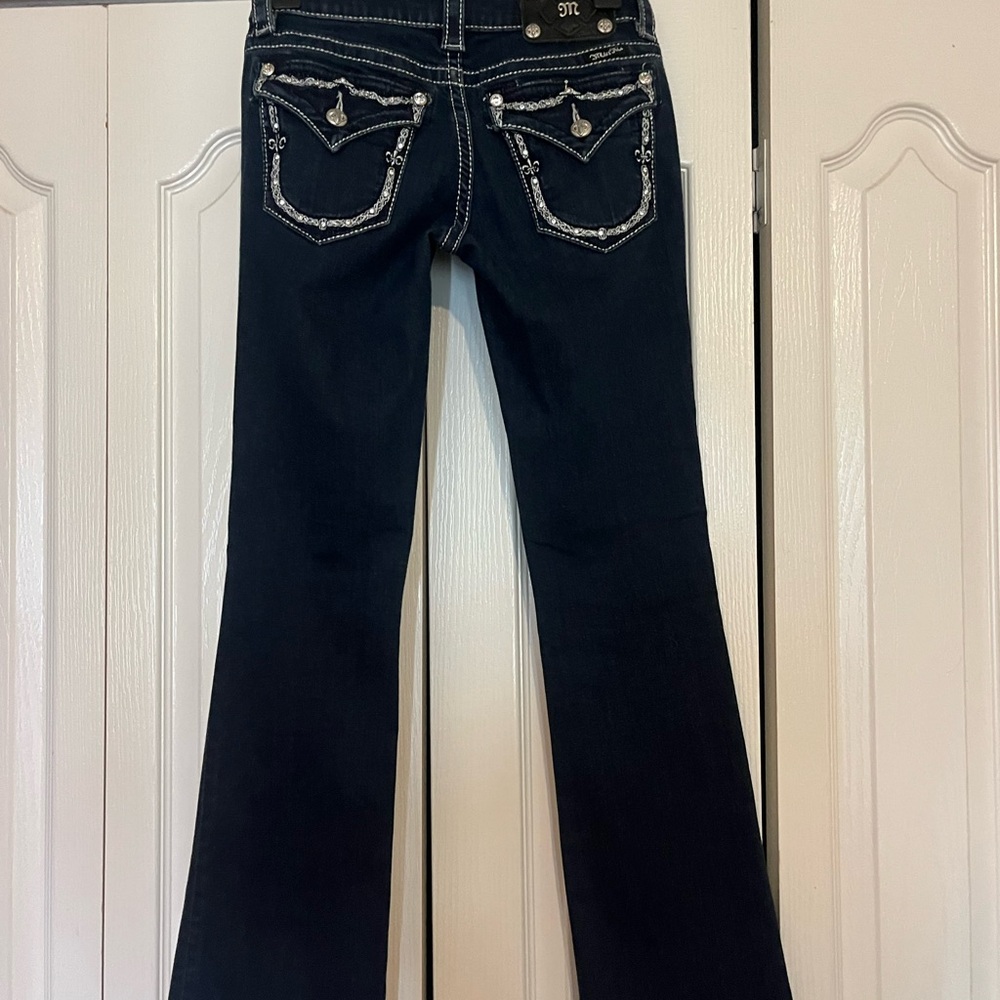 Miss Me Dark Blue Flare Jeans with Embellished Pockets